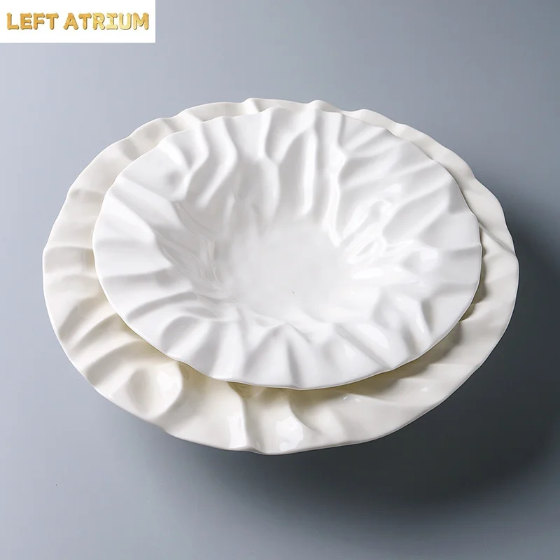Wrinkle Texture Ceramic Plate White Salad Plate Thick Soup Plate Dessert Pasta Dish Serving Plates Molecular Cuisine Tableware