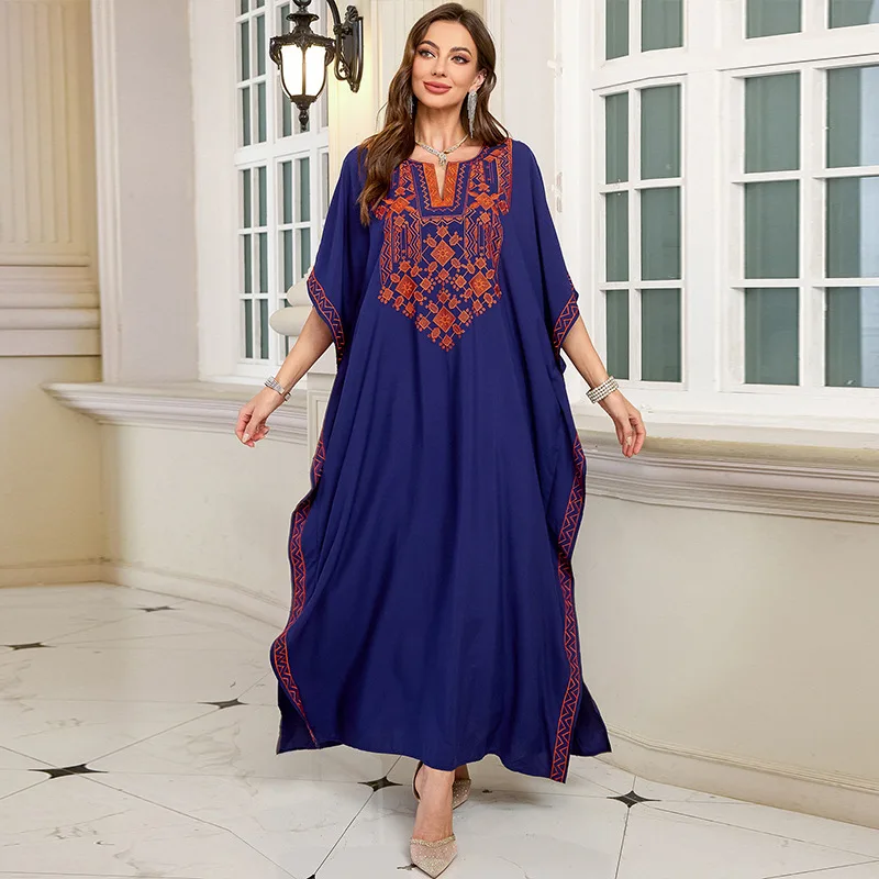 Sukienka maxi z haftem w stylu vintage z 2025 roku, seksowny dekolt w serek, rękawy nietoperzowe, wysoki stan, tunika, odzież damska, letnie sukienki plażowe.