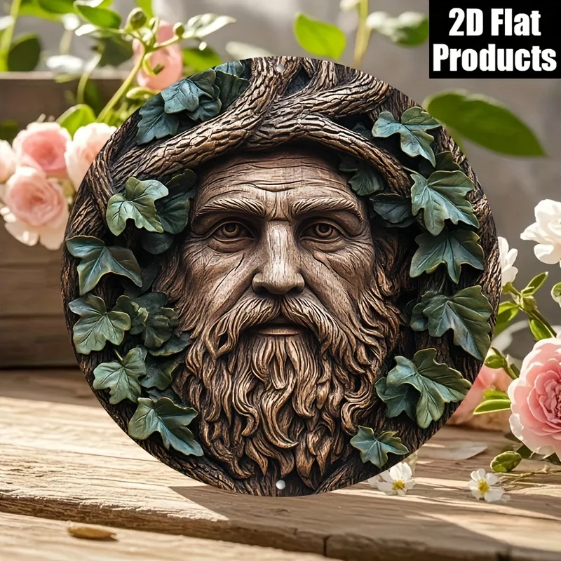 2D-Metallschild „Green Man“, rundes Metallschild, 20,32 cm x 20,32 cm, Aluminium-Wandkunst für Garten, Terrasse, Bar, rustikale Heimdekoration