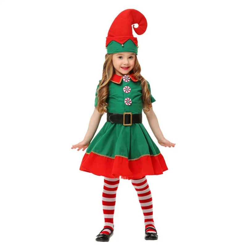 Christmas Santa Claus Costume Green Elf Cosplay Family Carnival Party New Year Fancy Dress Clothes Set For Men Women Girls Boys