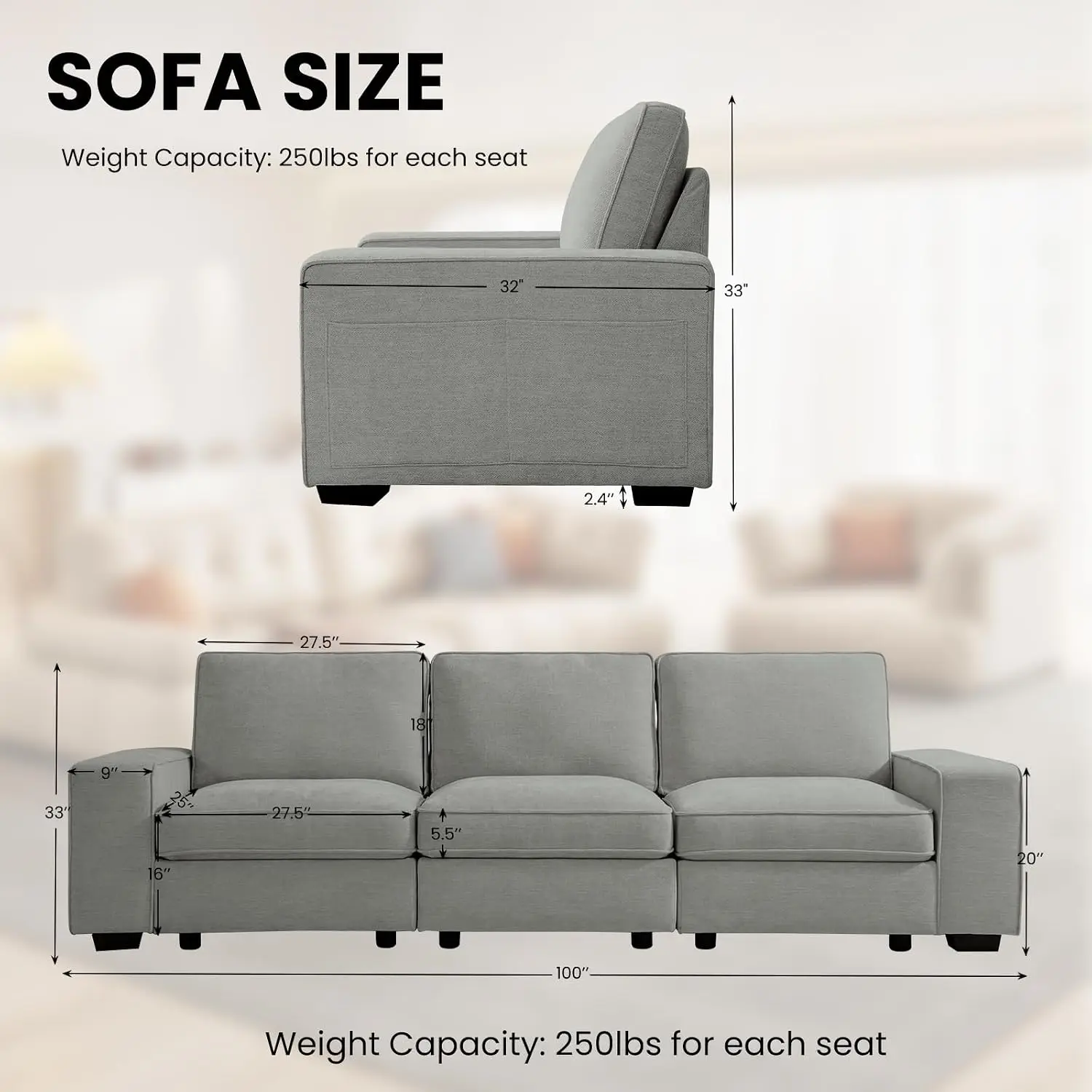Modular Sofa with Storage Seat Chenille Fabric Deep Seat USB Charging Removable Cover Living Room Office, Customized