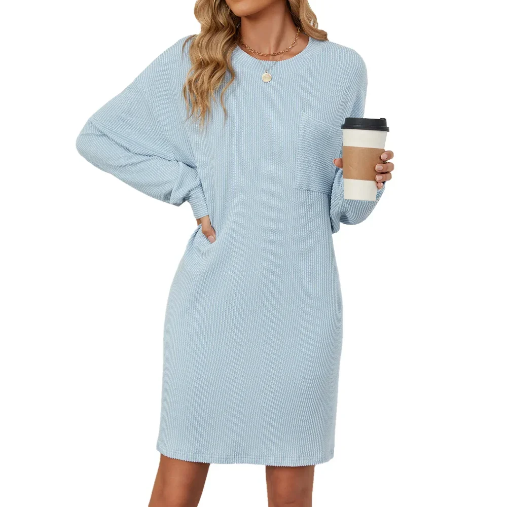 

LIBIELIY New Autumn Winter Blouses Women's Pullover O-Neck Puff Long Sleeve Solid Stripe Dress Ladies Casual Pockets Loose Fashi