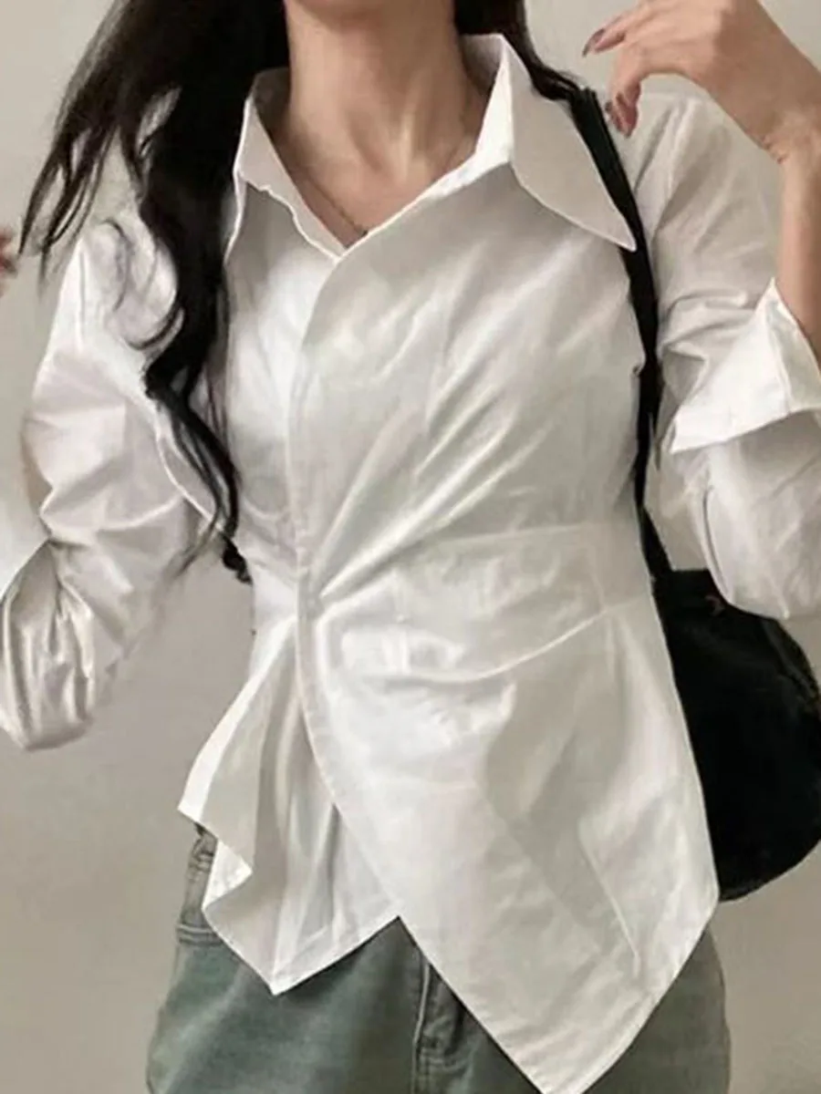Women Slim Waist Striped Shirt Long Sleeve Lapel Collar Asymmetrical Hem Oblique Button Detail Fashion Office Casual