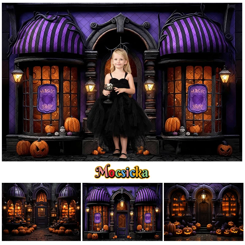 Mocsicka Haunted Halloween Street Backdrops Child Photography Props Kids Adult Festival Decors Magic Shop Front Background