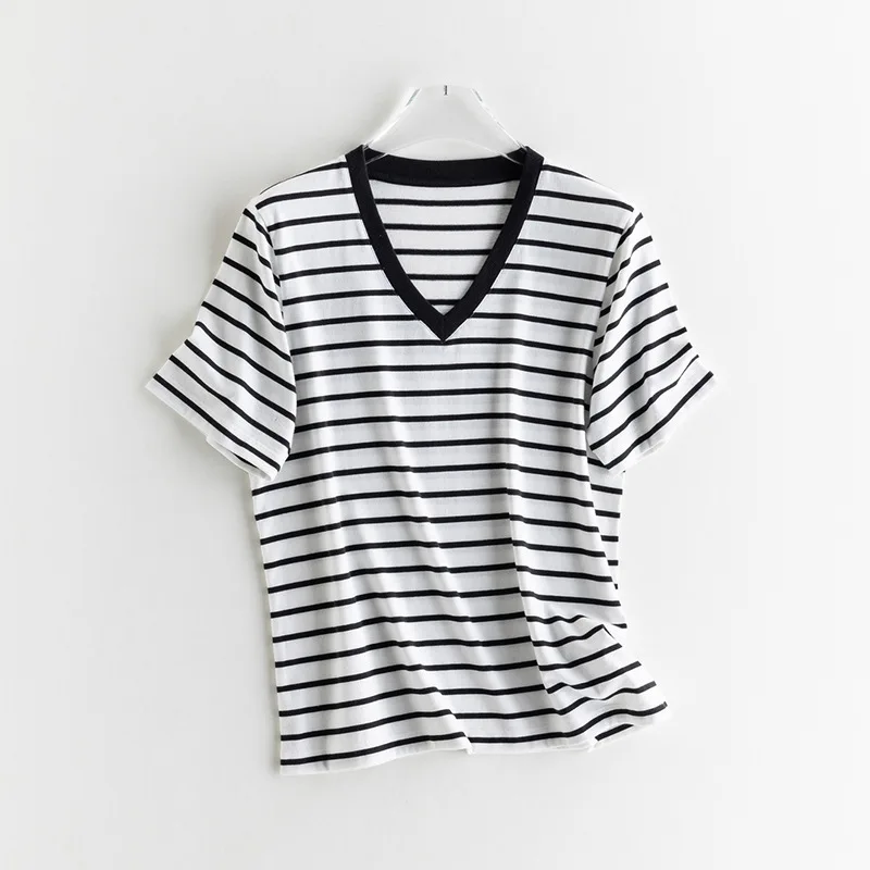 Spring and Summer New Basic Short Sleeved Top Contrasting Color  Thin Clothing Version Slimming Temperament Loose Fit T-shirt