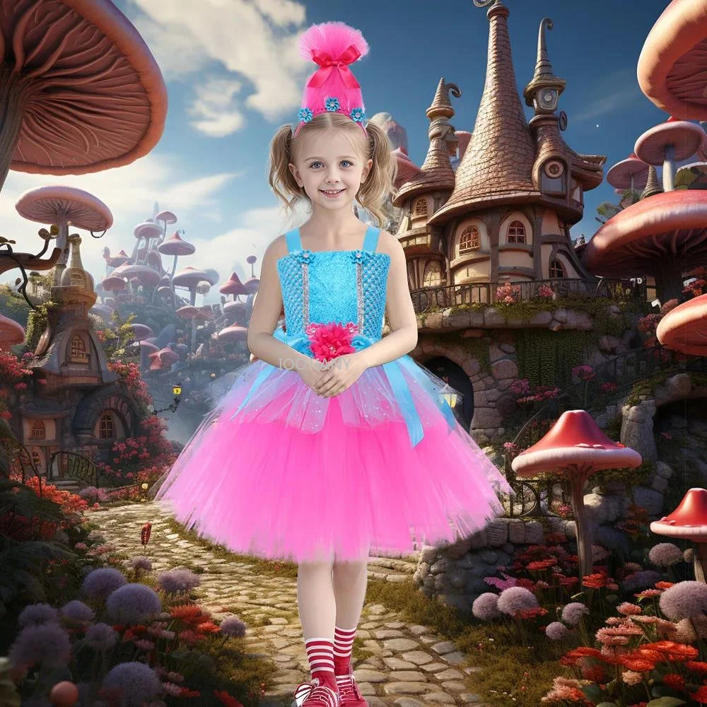 Children's Holiday Party Elf Cos Costume Floral Tutu Dress For Girl Princess Poppy Birthday Outfit Girl Fairy Flower Tulle Dress