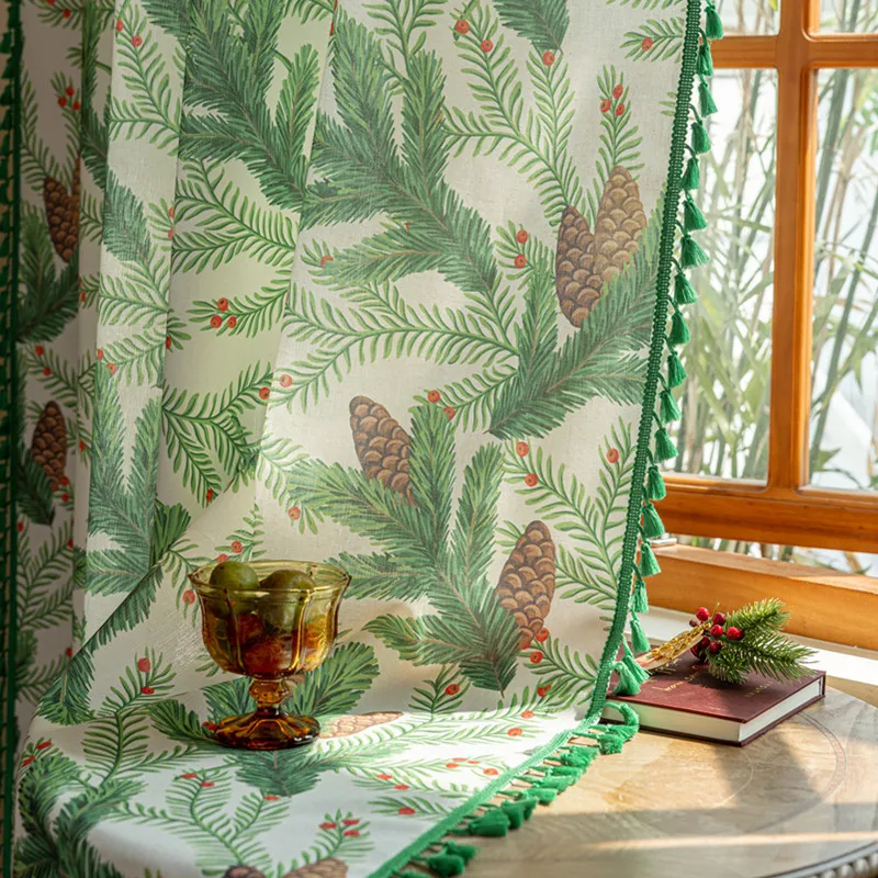 

Green Curtains Embroidered Leaf Patterned Rod Pocket Floral Cotton Linen Window Curtains Drapes for Living Room Bedroom Dining