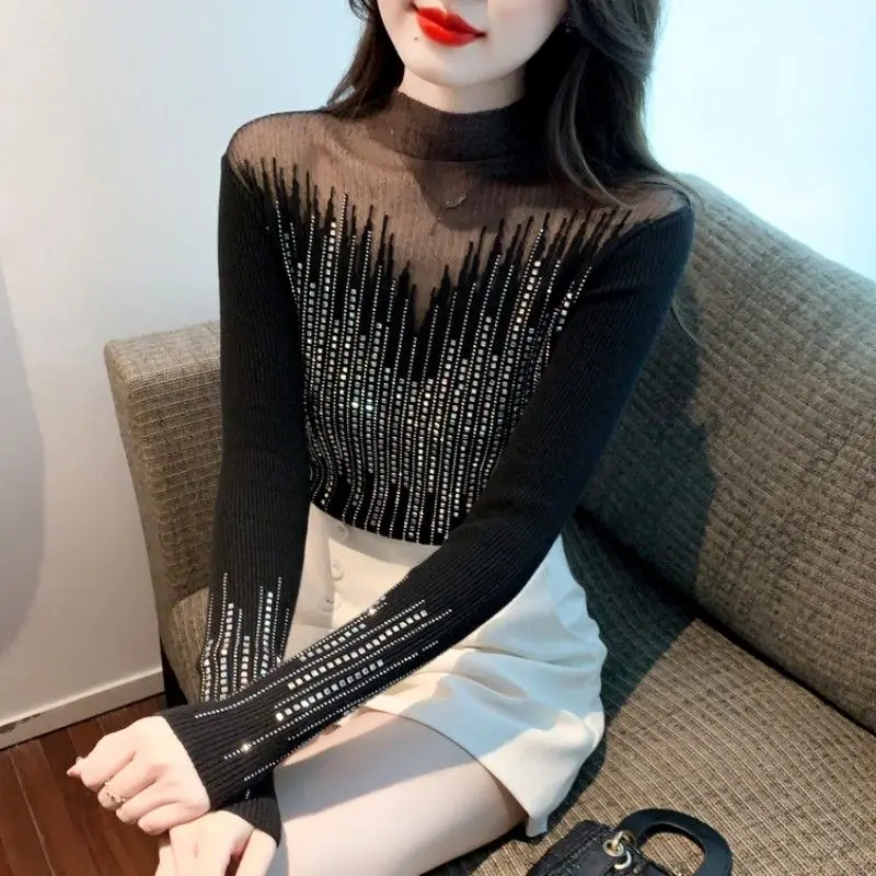 

Autumn and Winter New Base Knitwear Sweater Mesh Splicing Exposed Collarbone Layer Heavy Iron Sweater Top