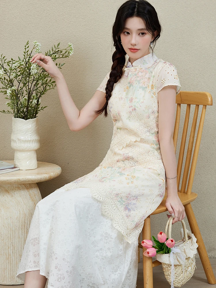 여름 플로럴 시크 레이스 홀터넥 미디 드레스 여성 우아한 캐주얼 페이크 투피스 드레스 2025 한국 바디콘 페스티벌 파티 드레스