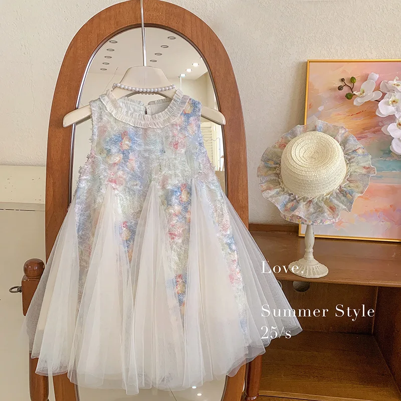 All-Over Flowers Fashion Sleeveless Party Dress for Kids Girl Brand Designer Chic Lace Preppy Style Pleat Princess Dress JY01051