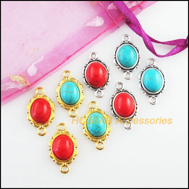 Fashion 20Pcs Retro Gold Color Tibetan Silver Tone Oval Flower Blue&Red Stone Charms Connectors 12x21mm