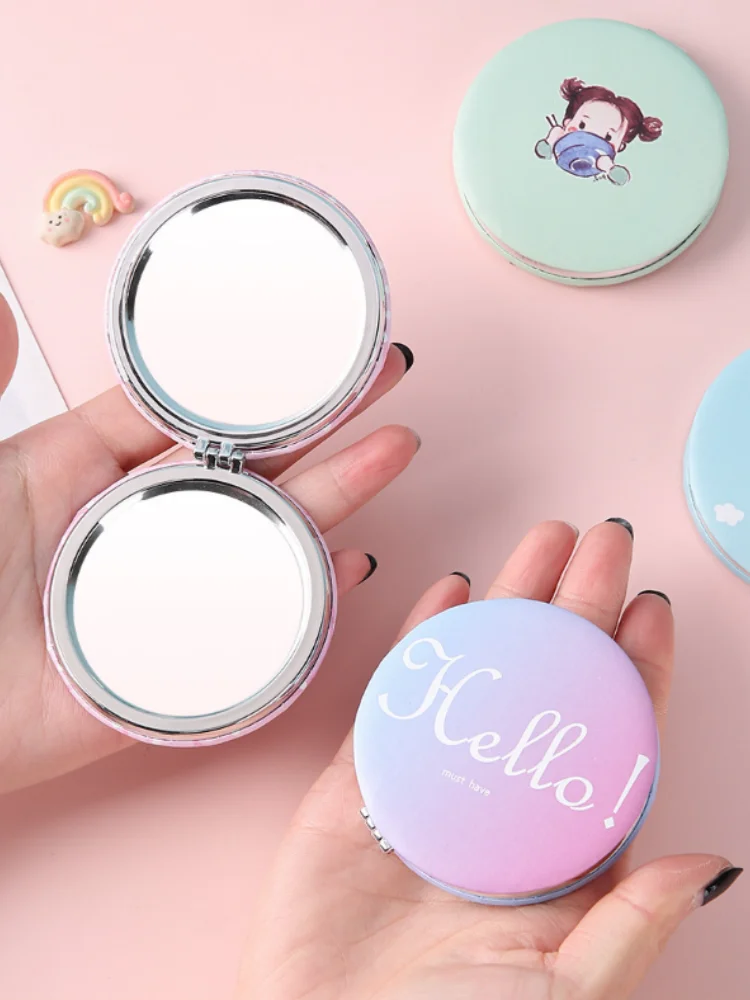 Cute Round Cartoon Mirror, Flip-Design Compact Mirror for Purse Travel Makeup, Portable Folding Handheld Mirror