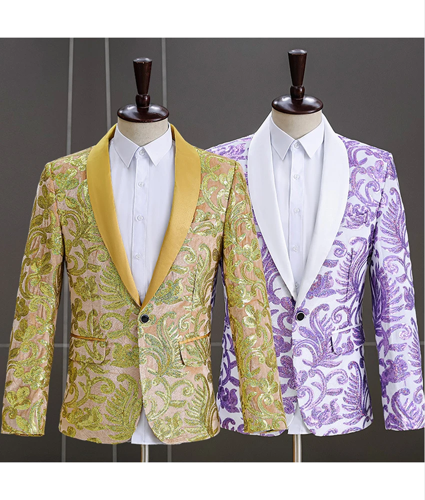 

Men's Sequin Blazer, Single Breasted Tuxedo Jacket with Contrast Lapel for Groom, Wedding, Prom and Stage Performance.