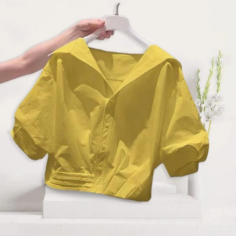 

Летняя женская блузка с короткими рукавами-фонариками и V-образным вырезом, из полиэстера, свободного кроя, для повседневной носки