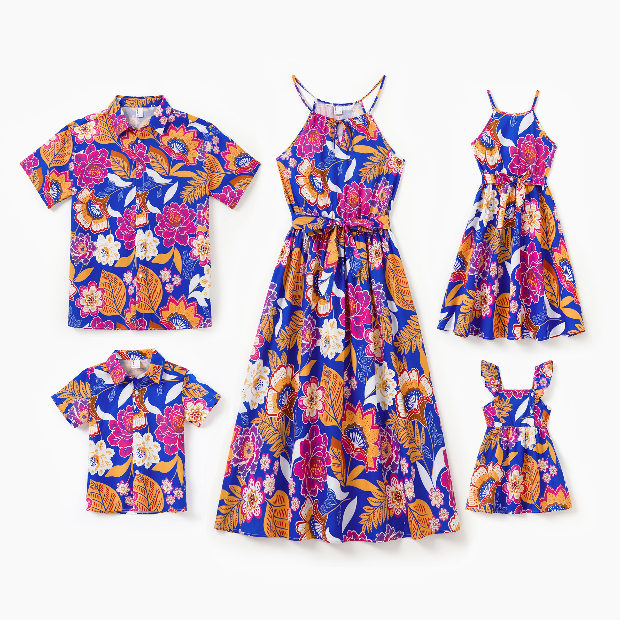 

PatPat Family Matching Outfits Tropical Floral Print Vacation Clothes Strap Belted Dress or Short-sleeve Shirts Summer Set