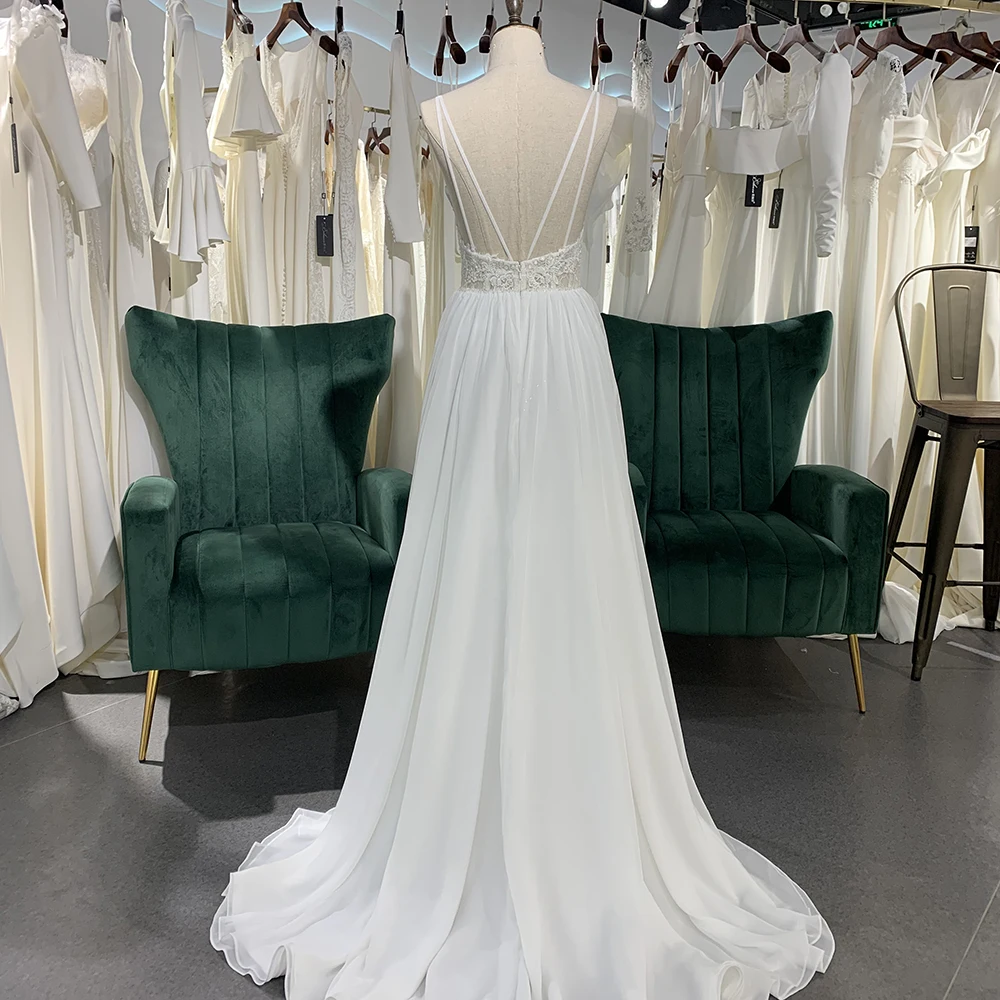 Jancember renda com decote em v vestido de casamento a linha vestidos de novia apliques cintas de espaguete vestido de noiva botões voltar vestidos de casamento