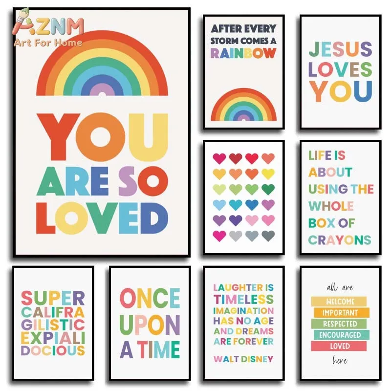 AZNM Colorful Rainbow Positive Quote Canvas Wall Art Cute Heart Typography Inspirational Poster Kids Playroom Nursery Unframed D