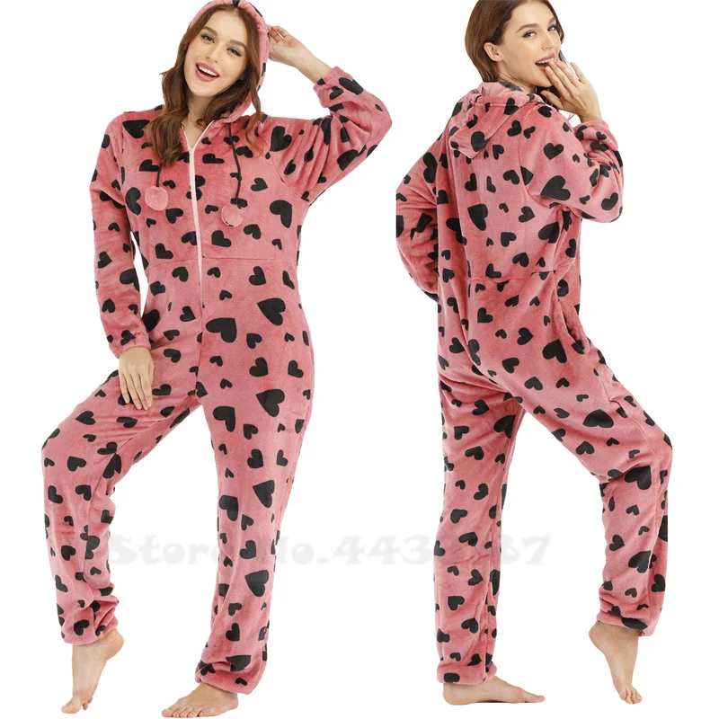 Flannel Christmas Animal Print Jumpsuit Pajamas Lounge Wear Autumn Winter Female Onesies Sleepwear Coral Fleece Hooded Home Wear