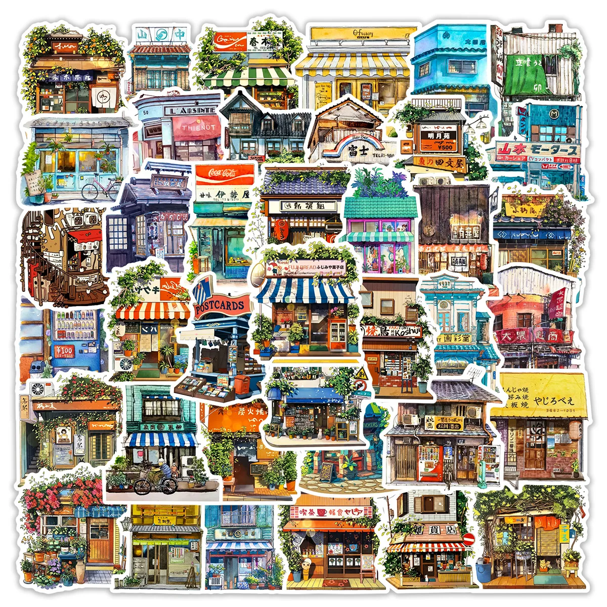 

50Pcs Cute Retro Shop Landscape Stickers Aesthetic Cartoon Decal Car Laptop Phone Luggage Wall Sticker