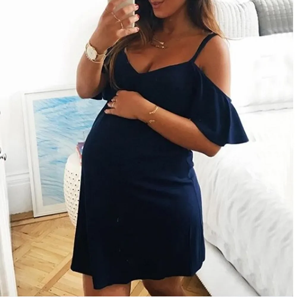 

2024 Women's Clothes Pregnancy Dresses Evening Solid Ruffles Off The Shoulder Maternity Mini Dress Photography Summer Clothing