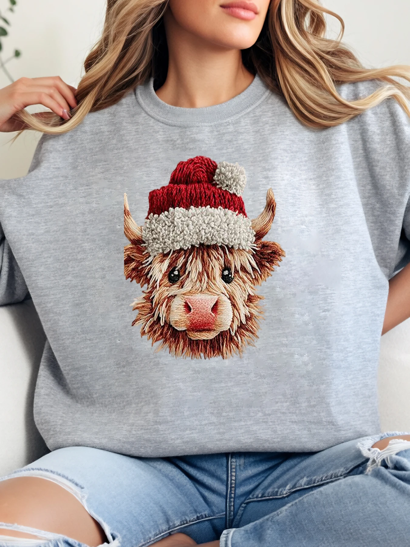 

Christmas Cows Stack Holiday Design Sweatshirt Women Casual Wear Winter Festive Gray Plus-Size