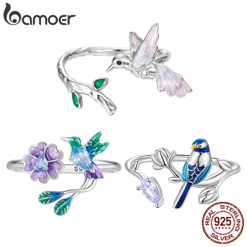 

Bamoer стерлингового серебра 925 пробы розовое открытое кольцо с цветочным птицей для женщин Kingfisher Колибри регулируемое кольцо ювелирные изделия для помолвки и вечеринки
