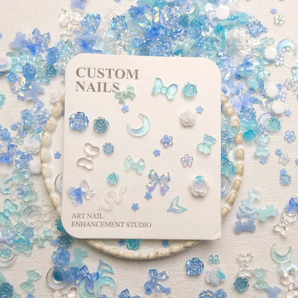 50pcs/Bag Mixed Blue Nail Charms Resin Moon Bow Rose Rose Flower Nail Art Decoration Charms for Y2K Design Manicure Accessories