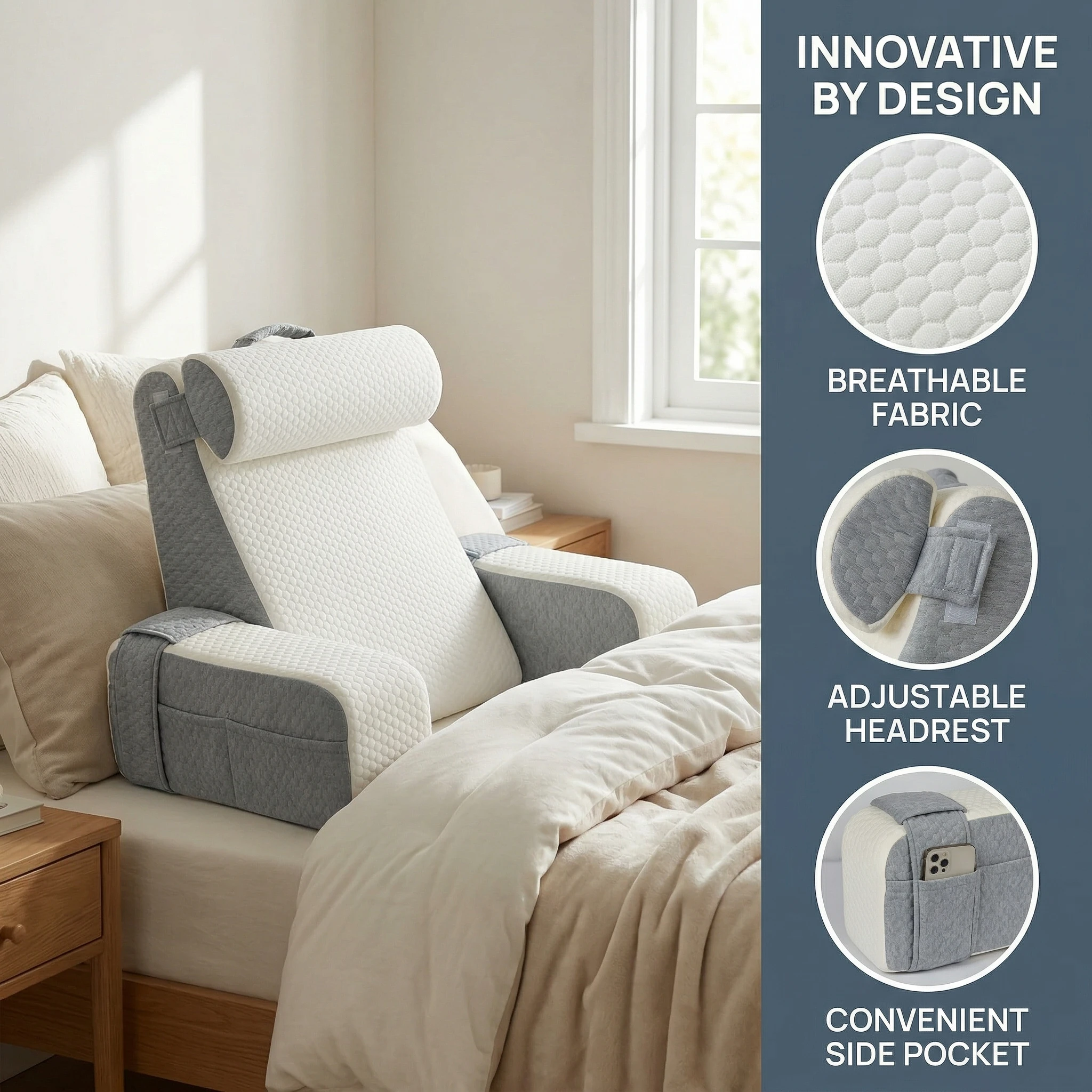Back Pillow with Armrests & Pockets for Adults, Upright Bed Pillow for Reading, Resting, Watching TV, Nursing, Recovery, Gaming