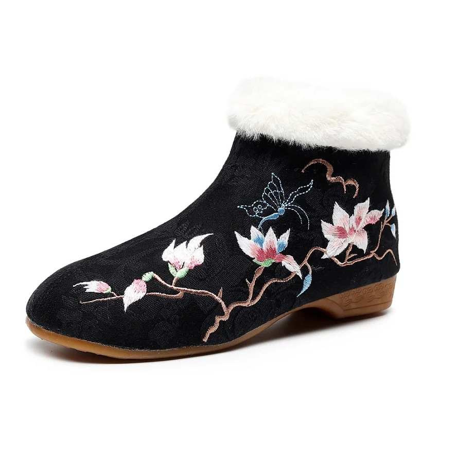 Cotton Cloth Boots Internal And External Liner Plush Embroidery Women's Boot Chinese Traditional Ethnic Inner Velvet Warm Shoes