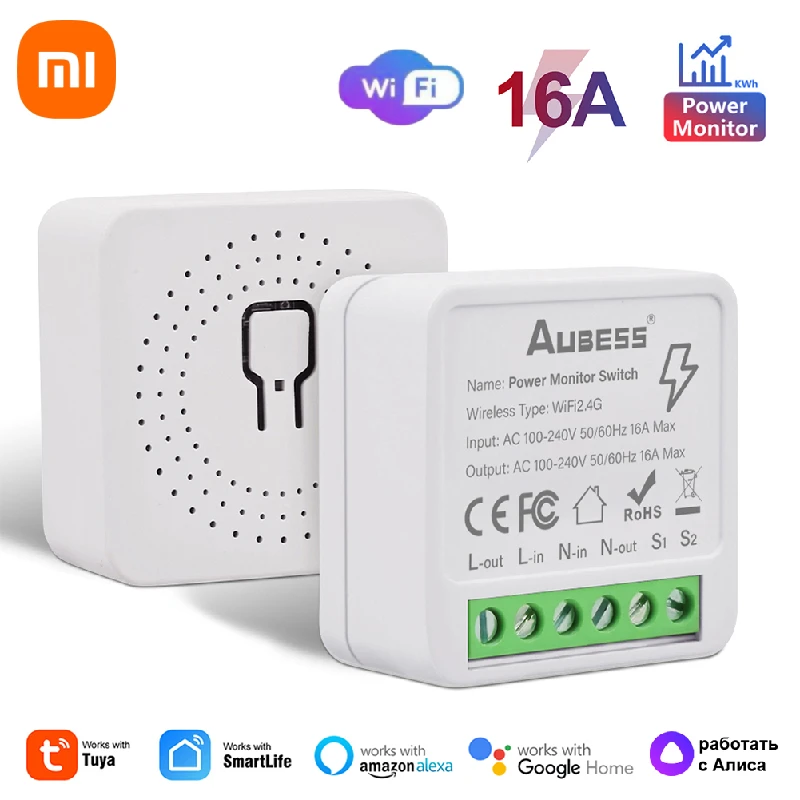 Xiaomi Tuya WiFi MiNi Smart Switch With Energy Monitor 16A 2-way Control Timer Wireless Switch Work Alexa Google Home Alice