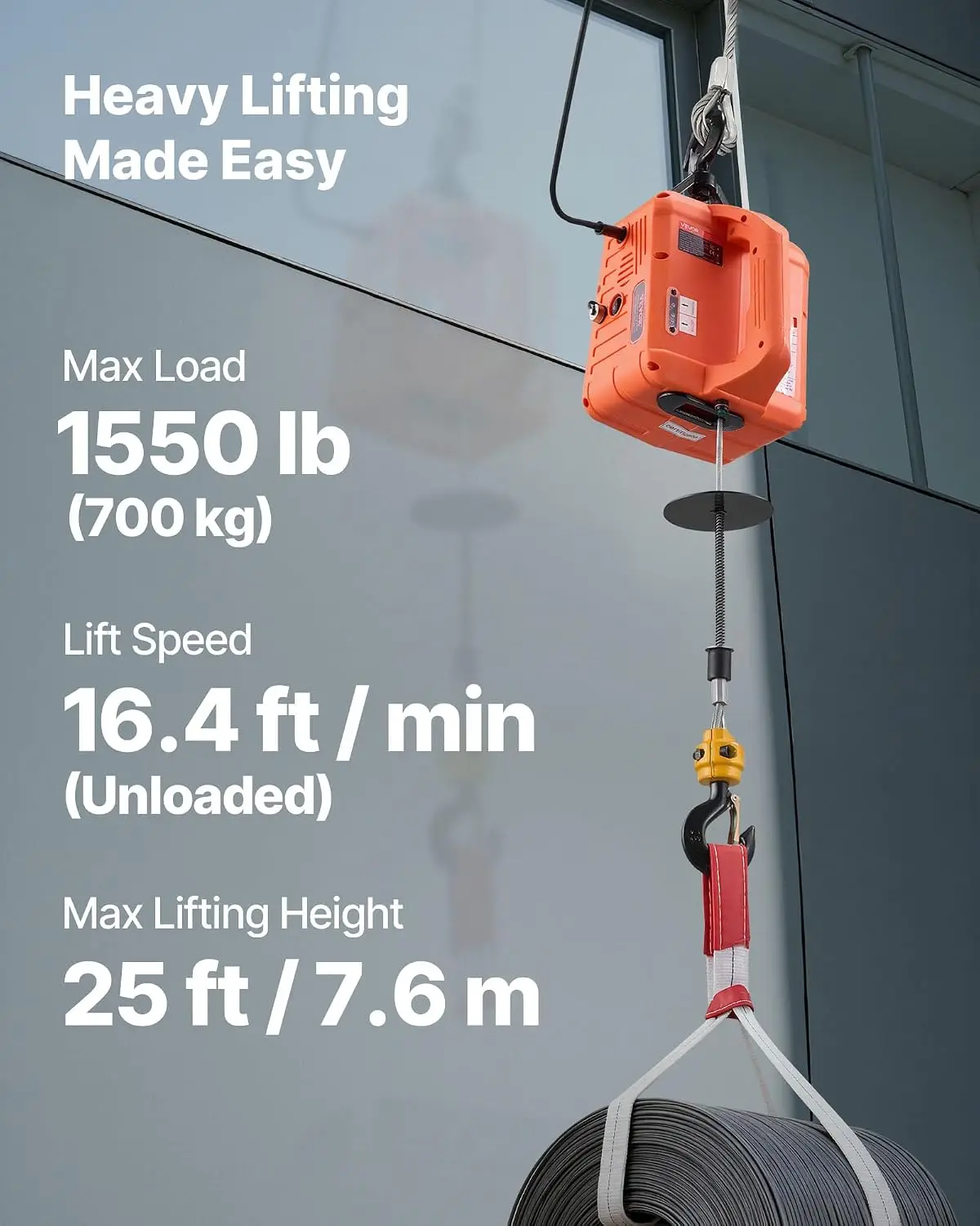 3 in 1 Electric Hoist Winch 1550 Lb Capacity 1500W Portable Power Winch Crane 25 Ft Lifting Height 16.4 Ft Min Remote Control Fo