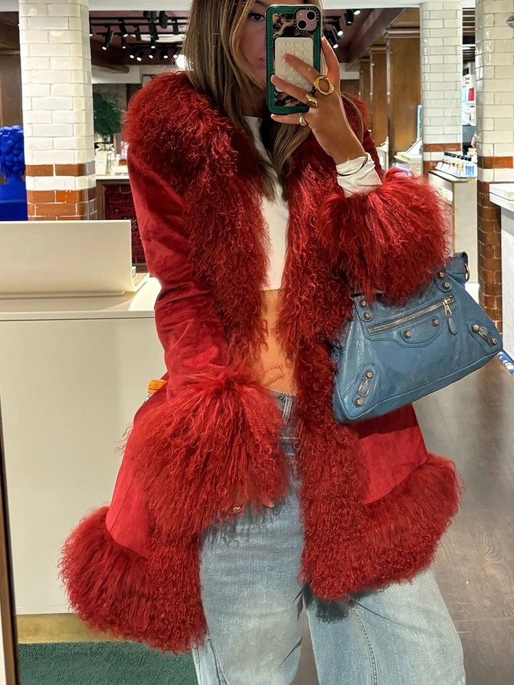 Fashion Red Fluffy Faux Fur Patchwork Cotton Jacket Women Elegant Lapel Long Sleeves Coats Autumn Winter Lady Street Outerwear