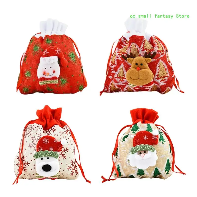 

R3MA 4Pcs Christmas Candy Bags with Drawstring 3D Cartoon Snowman Santa Elk Dog for Doll Treat Goody Storage Party Supp