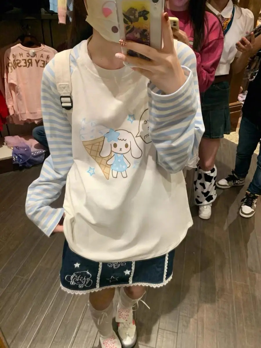 かわいいブルーストライプパッチワークソフトガール長袖Tシャツ春秋プレッピースタイルカジュアルルーズ漫画オーバーサイズTシャツ