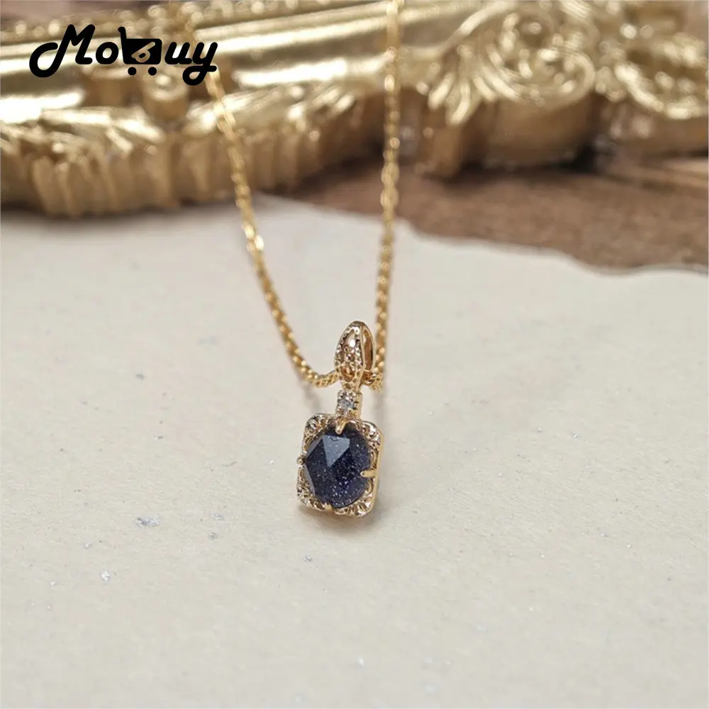 

MOBUY Винтажное ожерелье с подвеской из натурального синего песчаника и драгоценного камня для женщин, изысканное серебро S925, золото, Vermeil, ювелирные изделия
