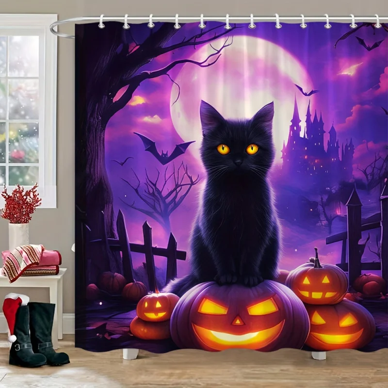 Halloween Theme Shower Curtain with Black Cat, Pumpkin, Bats, Castle, Bare Trees, and Purple Moon Design - 100% Polyester, Machi