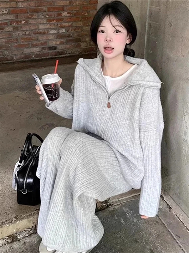 

Ladies' Lazy Sle Two-Piece Set f-Zip Knitwear Draped Loose Pants Winter New Faion Casual Wear Comfortable Fit