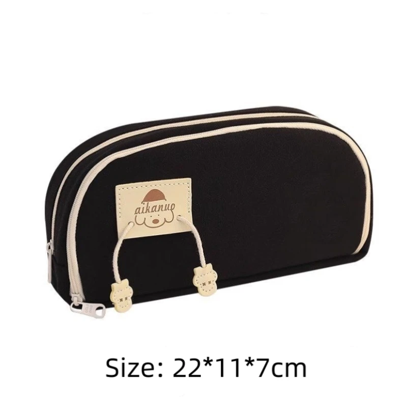 Canvas cute pencil bag Double-layer high capacity zipper stationery bag with pen insert mesh bag School supplies storage bag