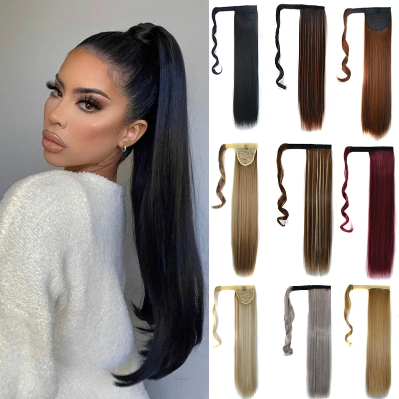 Long Straight Ponytail Hair Extensions Synthetic Wrap Around Clip in Fake Tail Natural Straight Hairpieces Horse Tail for Women