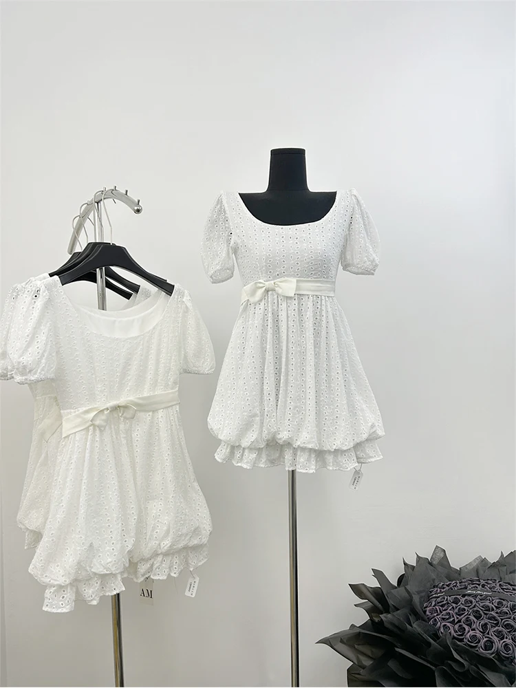 Summer Women French Vintage Dress Mori Girl Square Collar Bow Midi Frocks Solid Color Short Sleeve One-Piece 2000s Aesthetic