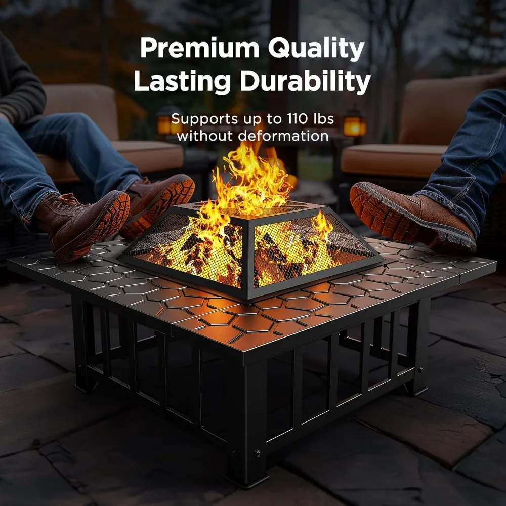 2 Inch Fire Pit 3-in-1 Multifunctional Outdoor Fire Pit Table with Spark Screen, 22 Inch Fire Poker, Rain Cover