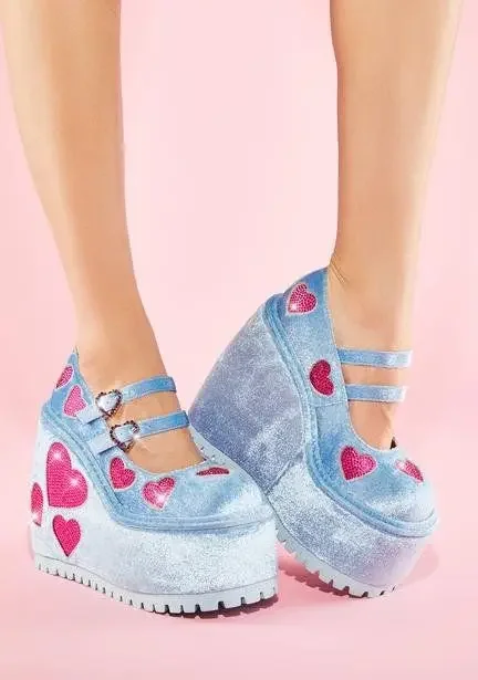 Suede Platform Wegdes Blue Sweet Sandals Lady High Heel Round Toe Buckle Marry Jane Shoes Girl Dress Shoes Patchwork