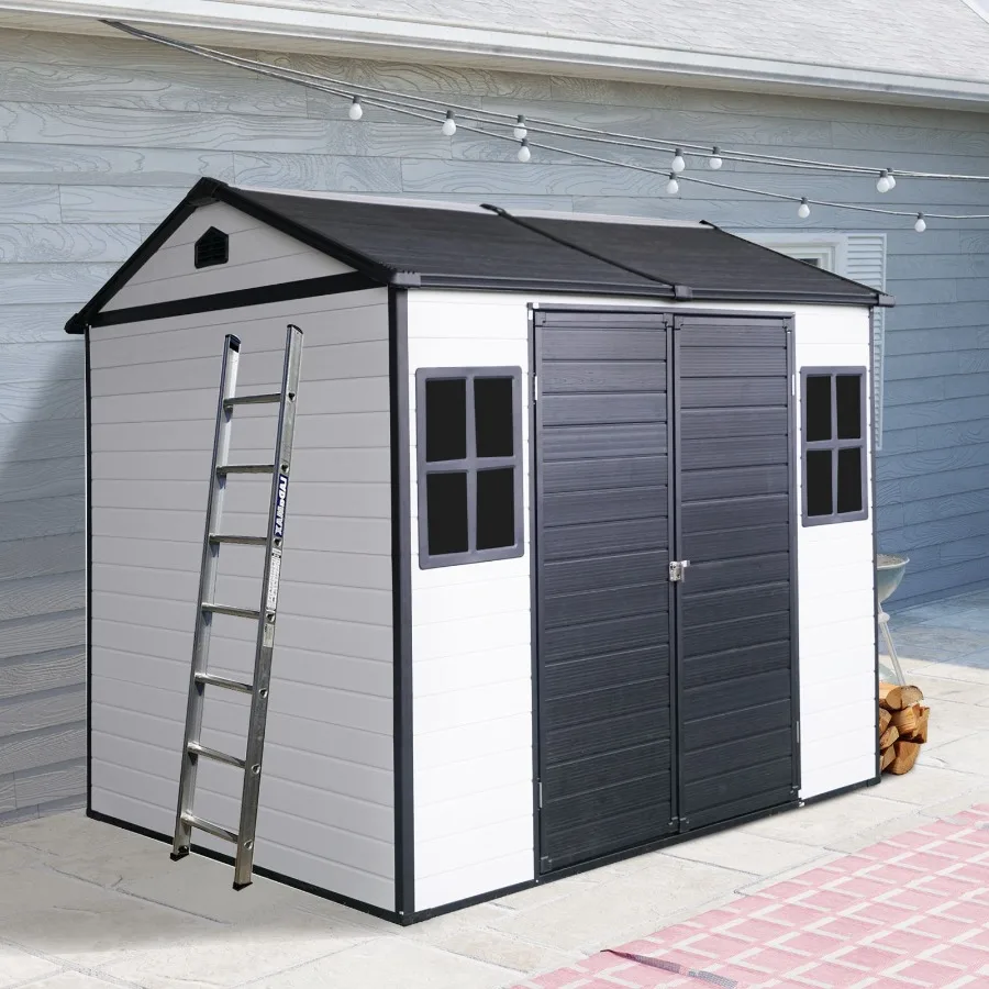 

8 x 6 ft Resin Outdoor Storage Shed Waterproof Shed with Floor and Two Windows and Lockable Door Tool Shed for Garden Patio Bac