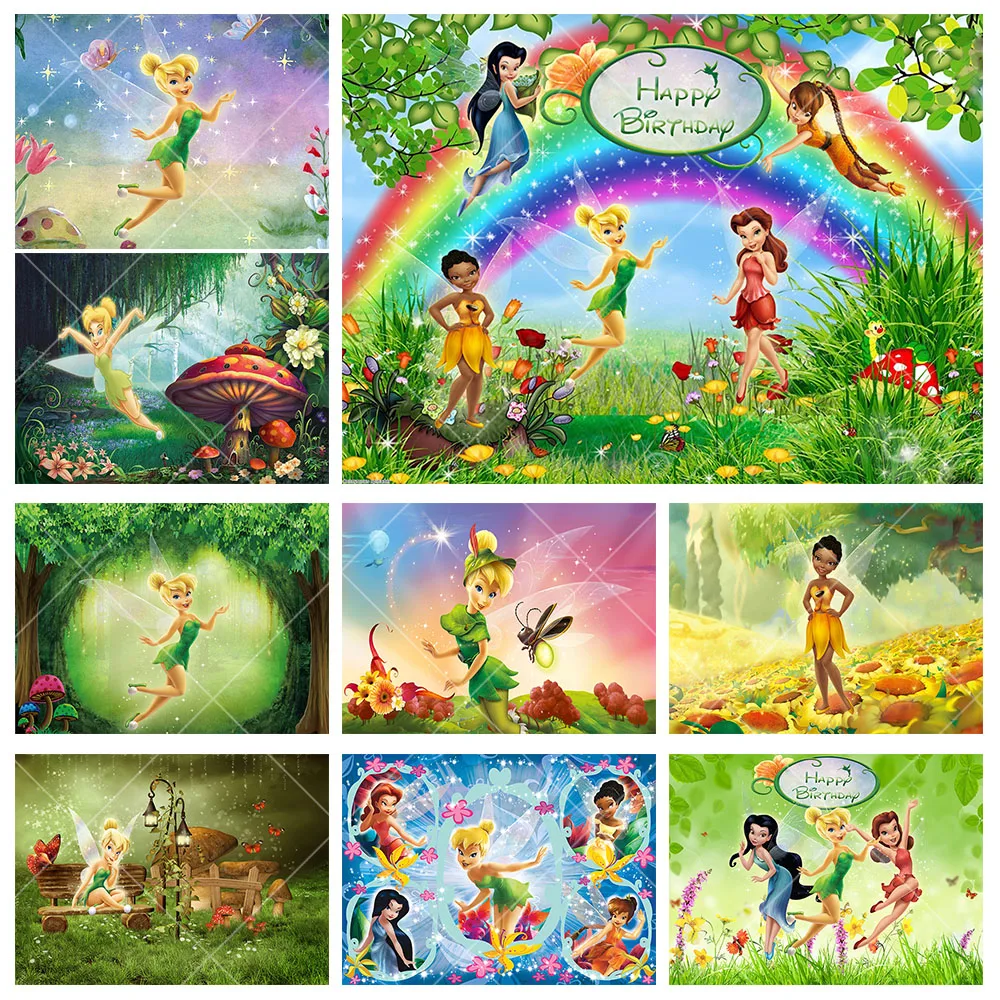 Disney Wonderland TinkerBell Backdrop Kids Birthday Background Fairy Tale Tinker bell Vinyl Polyester Photography Decor Props