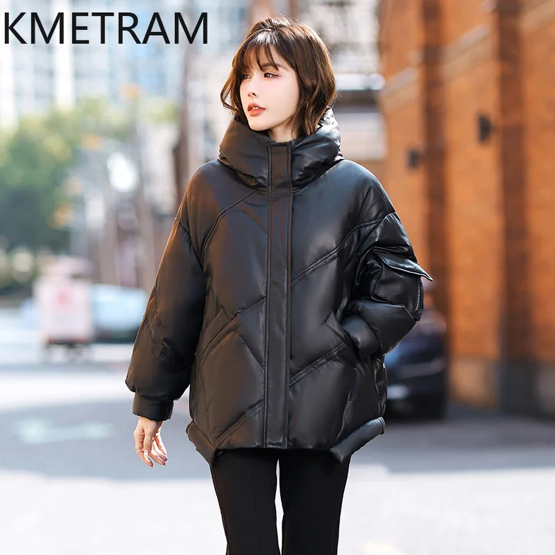 100% abrigos de piel de oveja para mujer, chaqueta acolchada holgada de cuero genuino negro, novedad de 2025, ropa de abrigo, ropa de invierno para mujer