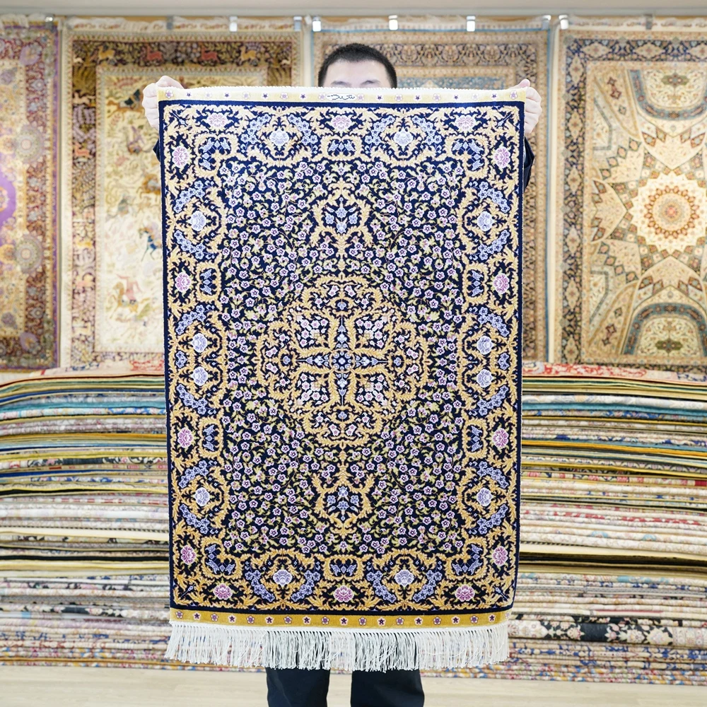 61x91cm Blue Handmade Silk Carpet Classic Exquisite Handcraft Rugs