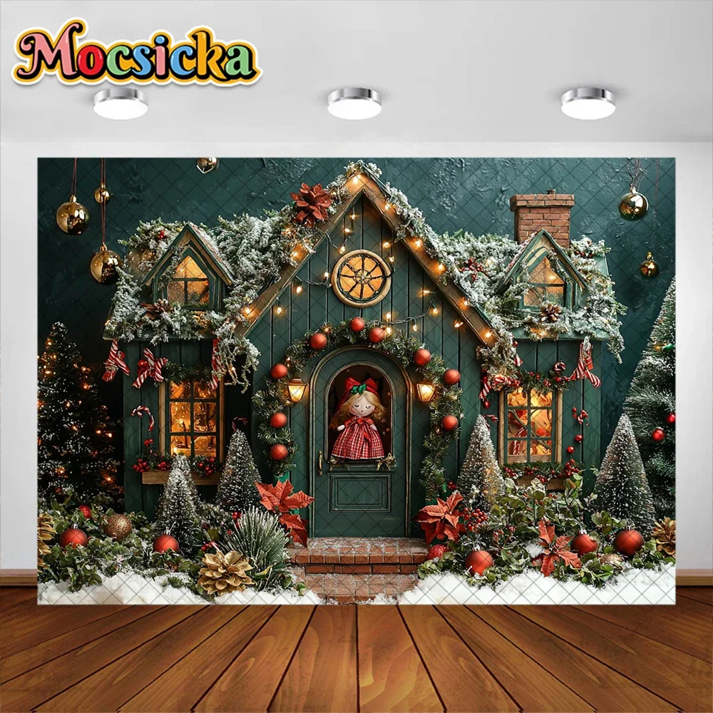 Mocsicka Christmas Candy House Photography Background Xmas Tree White Snow Garland Holiday Decor Girl Portrait Photo Backdrop