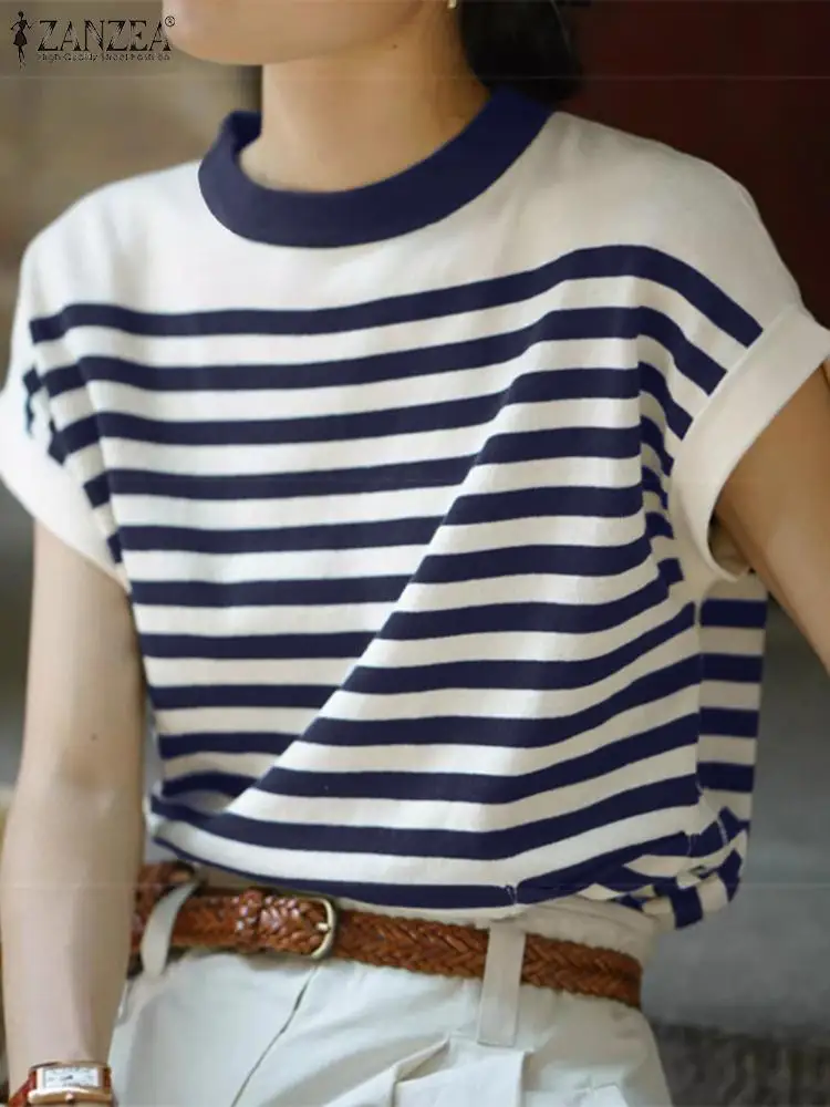 

ZANZEA Women Casual Blusas Tops O Neck Color Block Striped Short Sleeve Blouses Korean Fashion 2024 Summer Elegant T-shirts