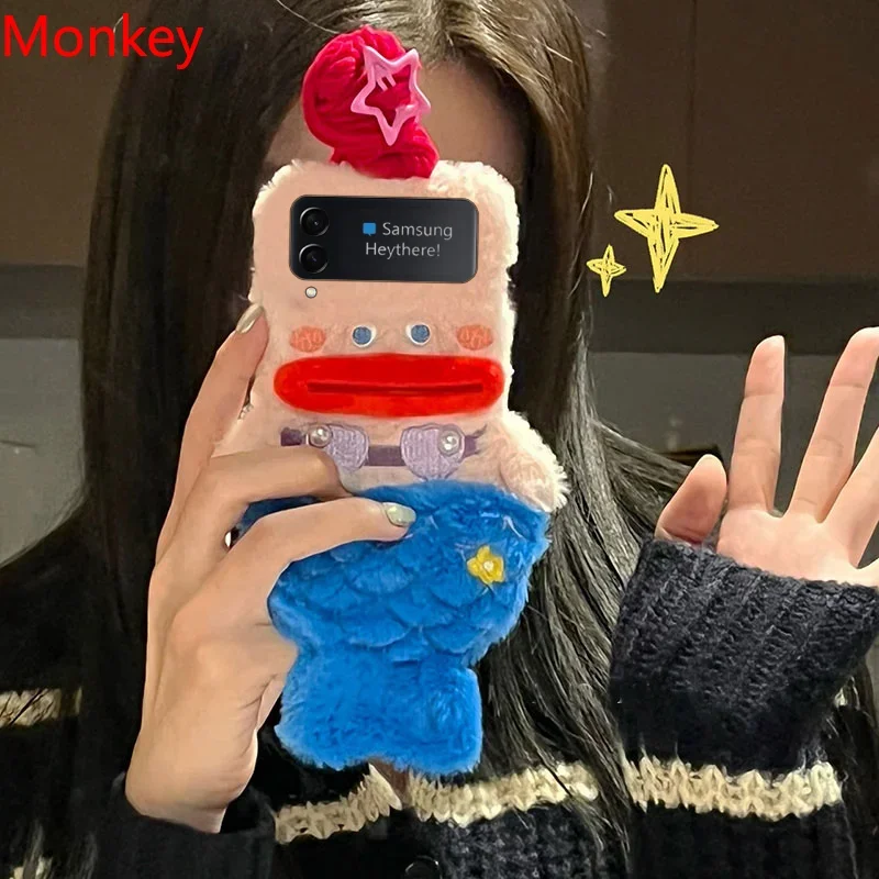 3D Cute Plush Mermaid Girls Gift Phone Case For Samsung Galaxy Z Flip 3 4 5 6 Case 1 2 Flip5 flip3 Winter Fluffy Hair Hard Cover