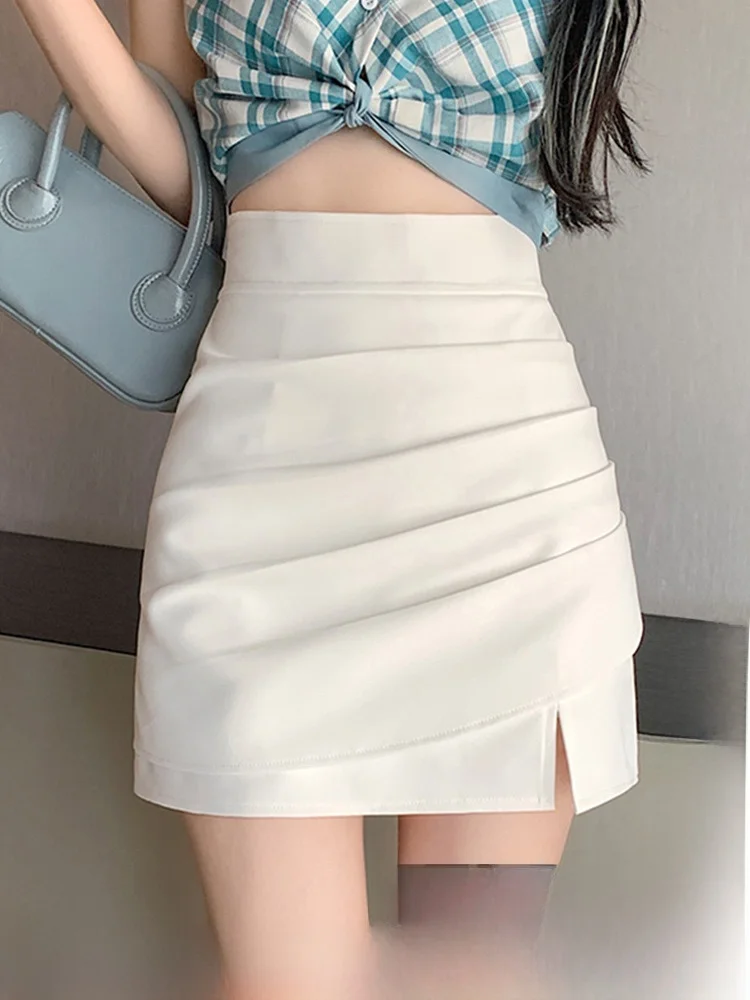 Summer High Waist A-Line Short Skirt Women's New 2026 Asymmetrical Slit Pleated Bodycon Half-length Skirts Elegant Commute